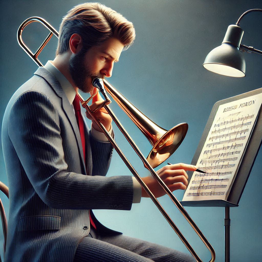 Illustration of a trombone player filling out registration paperwork